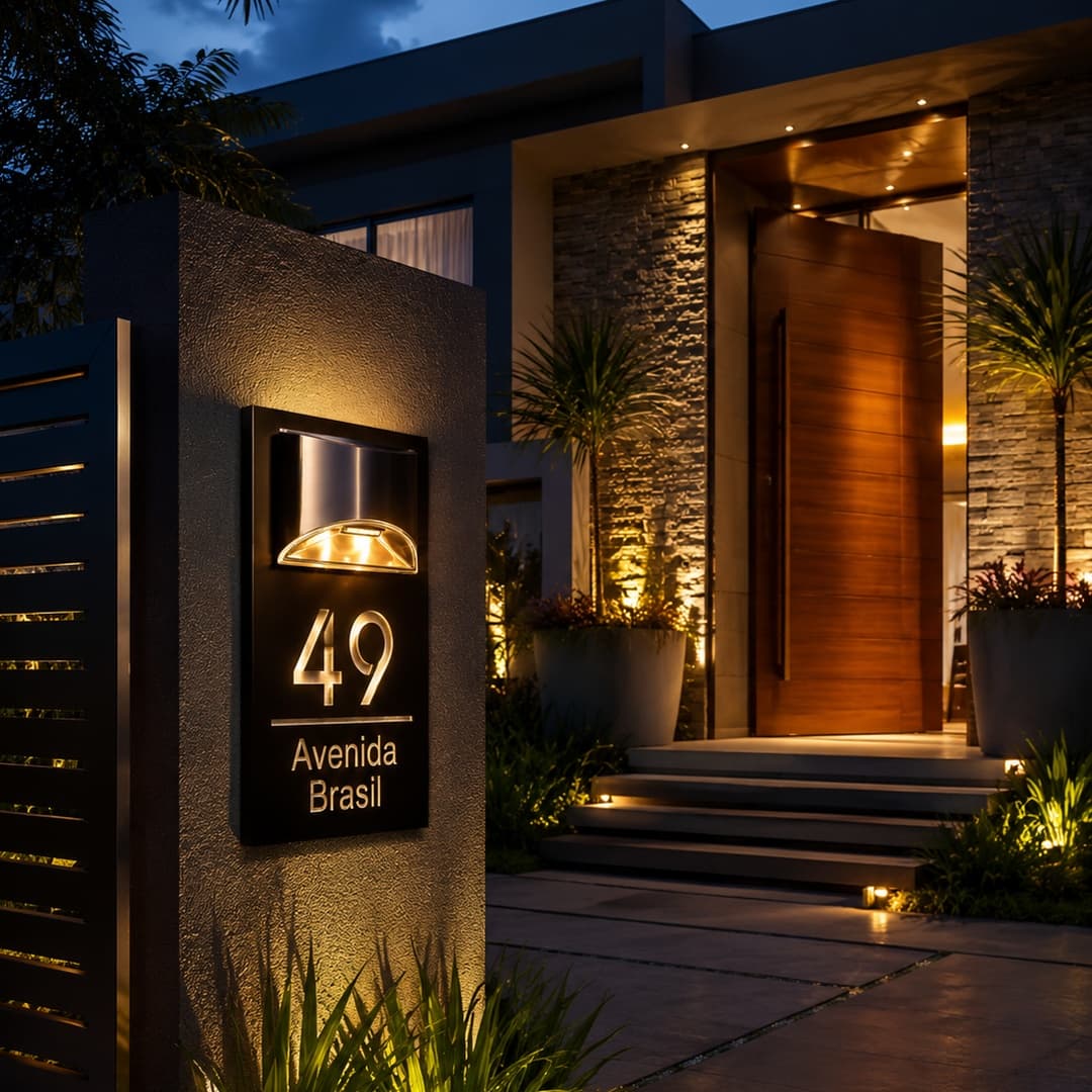 Placa de endereço Glow, preta com número 49 e Avenida Brasil em dourado, acesa à noite na fachada de uma casa